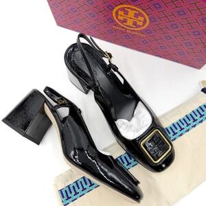 Tory Burch Georgia Slingback Pumps Black Patent Leather Heel Buckle Logo Sz 7.5